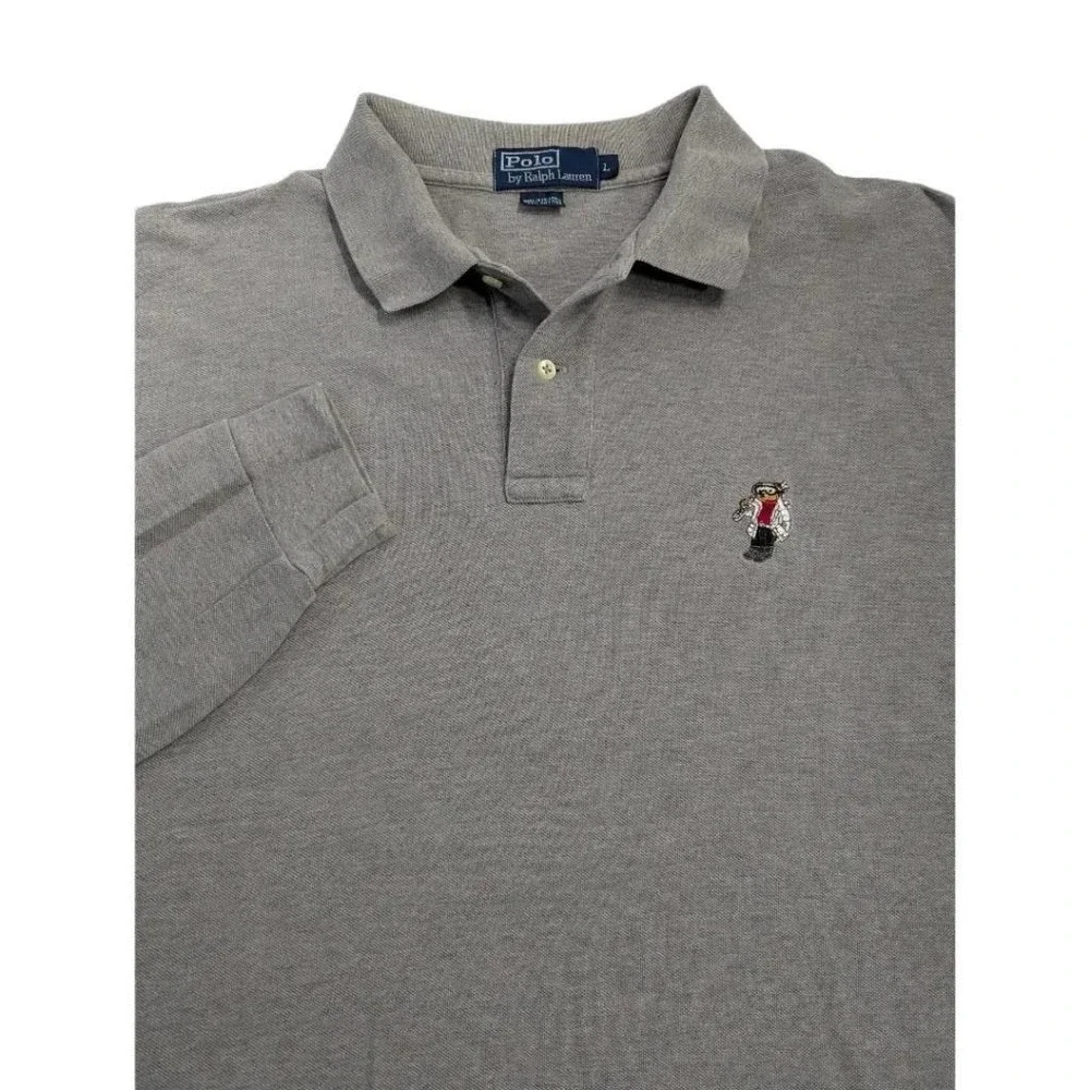 VTG Polo Ralph Lauren Ski Polo Bear Gray Rugby Shirt Cotton Pique Sz L EUC